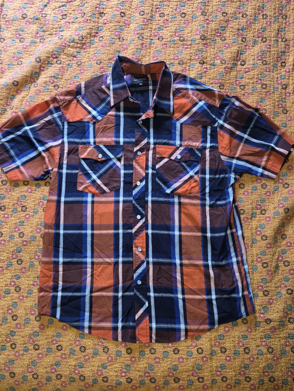 Men’s Orange & Navy Plaid Short-Sleeve Button Down M